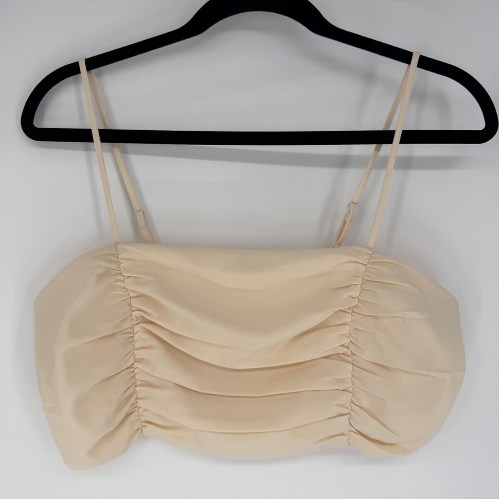 HOUSE OF HARLOW 1960 SMOCKED‎ RUCHED CREAM CROPPED TANK TOP LARGE DELICATE CHIC
